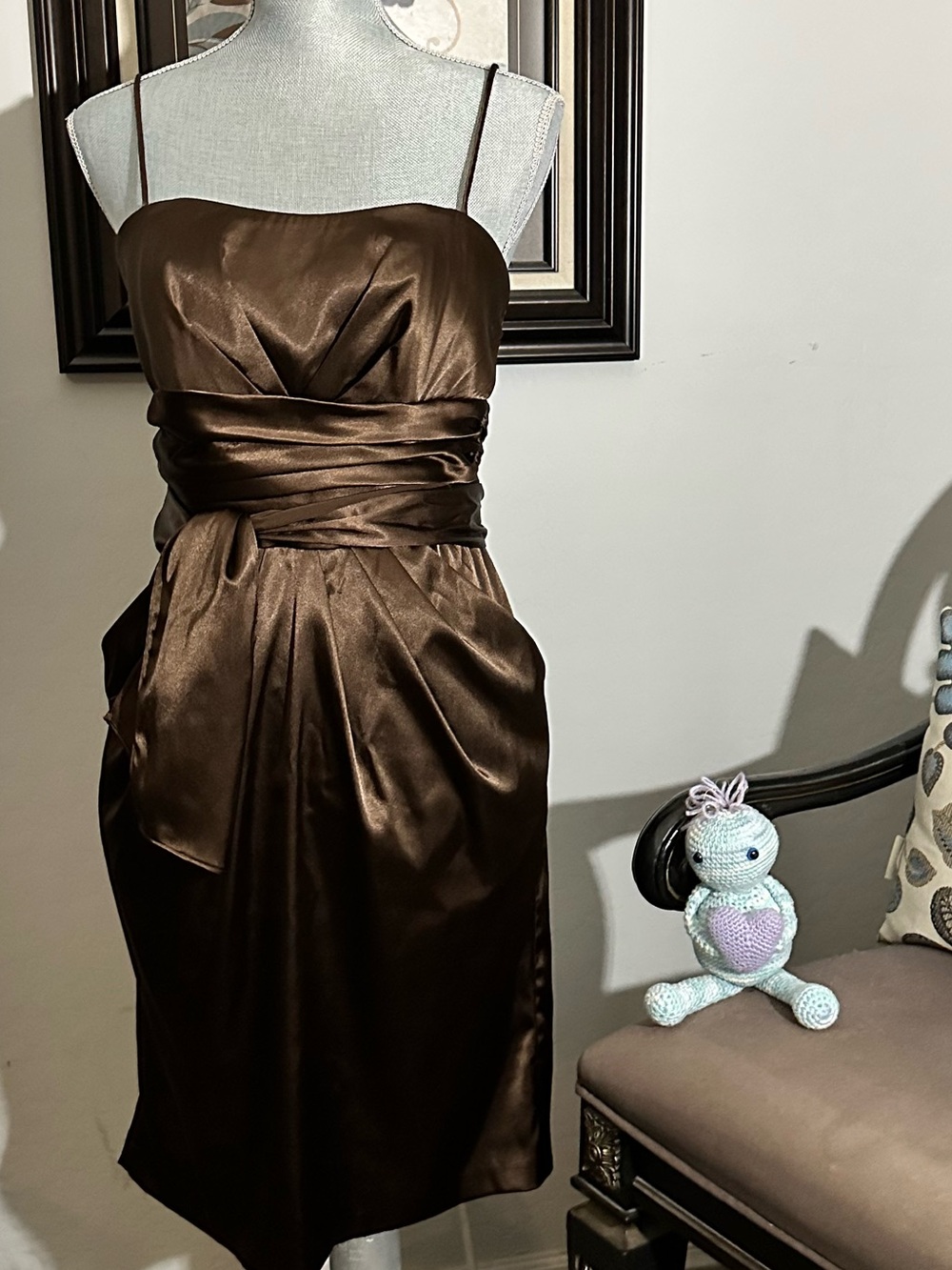 VTG 90s Betsy & Adam by Linda Bernell Chocolate Brown Satin Strapless Midi Dress